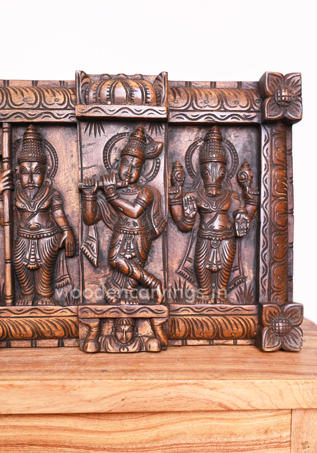 Preserver Mahavishnu Ten Powerful Dasavatar Horizontal Zig Zag Design Wooden Wall Panel 48"