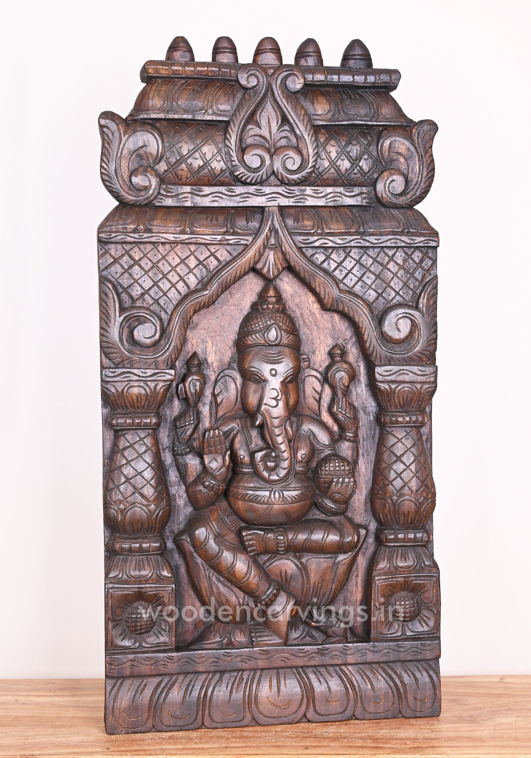 Pillar with Mandap Design Ganapathi Seated on Lotus Wooden Handmade Kavadi Wall Mount 37"