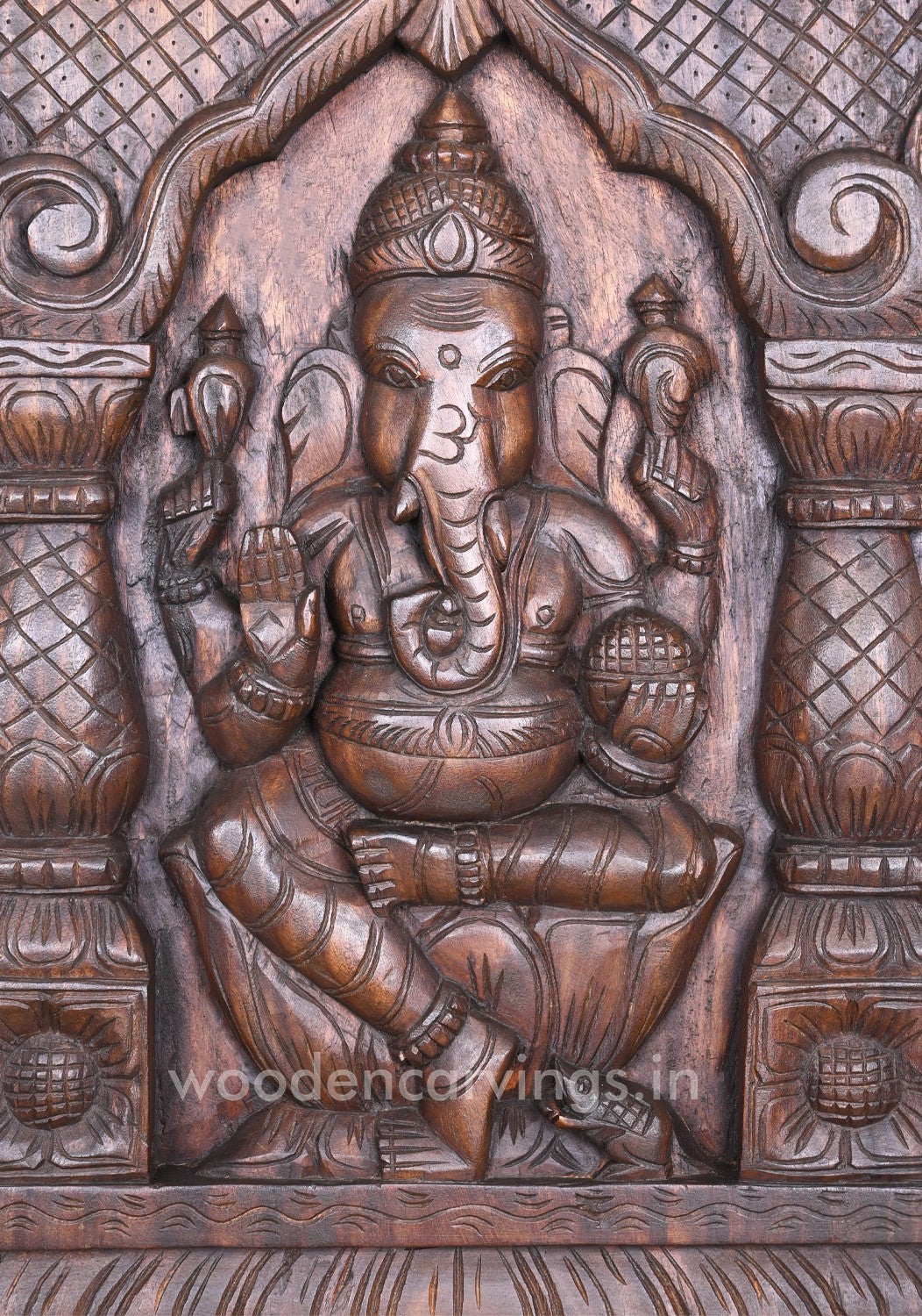 Ganapathi on Lotus Wooden  Wall Mount 37"