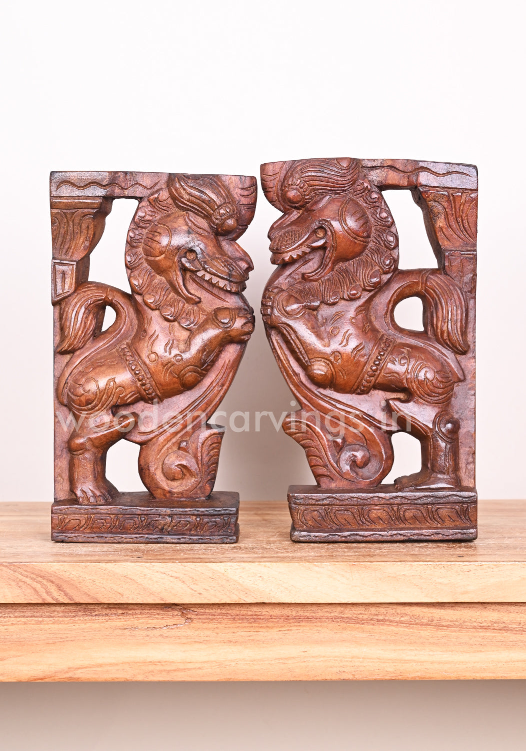 Mythical Animal Combination of Lion and Elephant Powerful Yaazhi Wooden Wax brown Wall Mount 13"