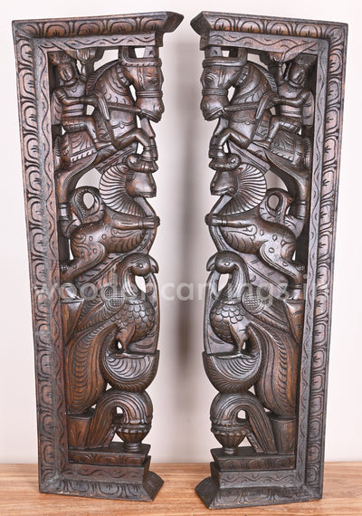 Handmade Beautiful Man Seated on Horse With Hamsa Bird and Wooden Yaazhi Paired Wall Mount 38"