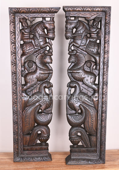 Handmade Beautiful Man Seated on Horse With Hamsa Bird and Wooden Yaazhi Paired Wall Mount 38"