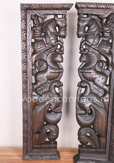Handmade Beautiful Man Seated on Horse With Hamsa Bird and Wooden Yaazhi Paired Wall Mount 38"