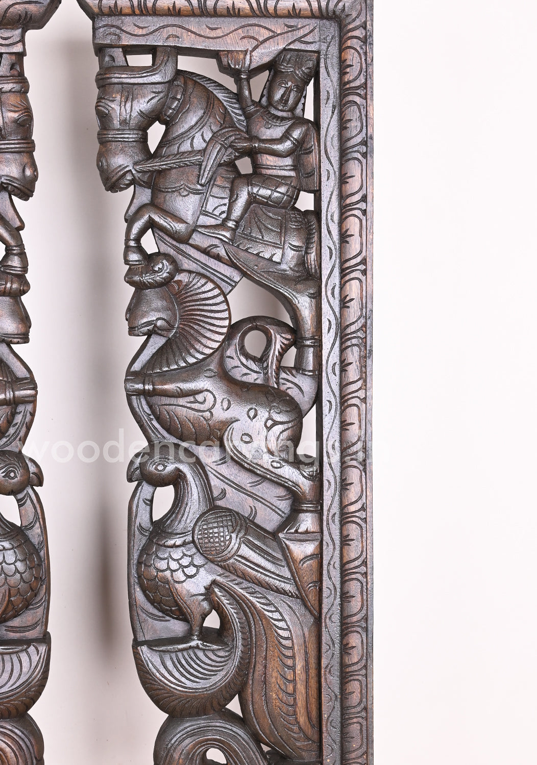 Handmade Beautiful Man Seated on Horse With Hamsa Bird and Wooden Yaazhi Paired Wall Mount 38"
