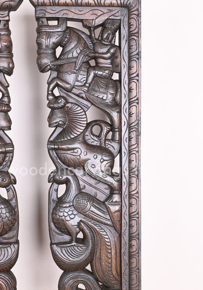 Handmade Beautiful Man Seated on Horse With Hamsa Bird and Wooden Yaazhi Paired Wall Mount 38"