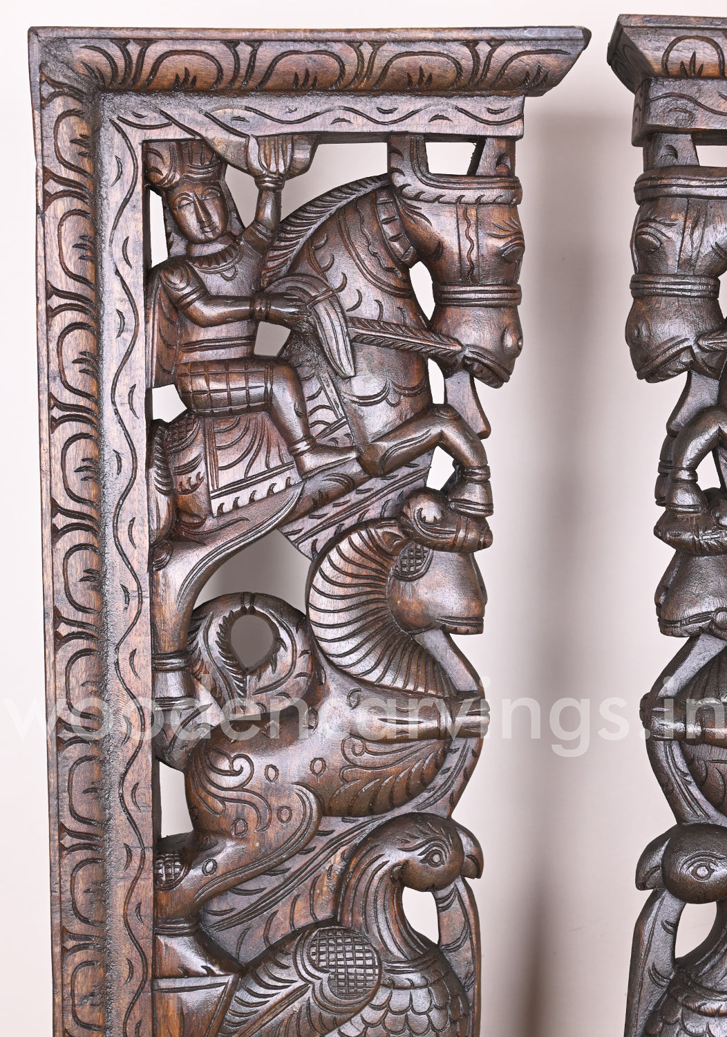 Handmade Beautiful Man Seated on Horse With Hamsa Bird and Wooden Yaazhi Paired Wall Mount 38"