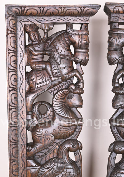 Handmade Beautiful Man Seated on Horse With Hamsa Bird and Wooden Yaazhi Paired Wall Mount 38"