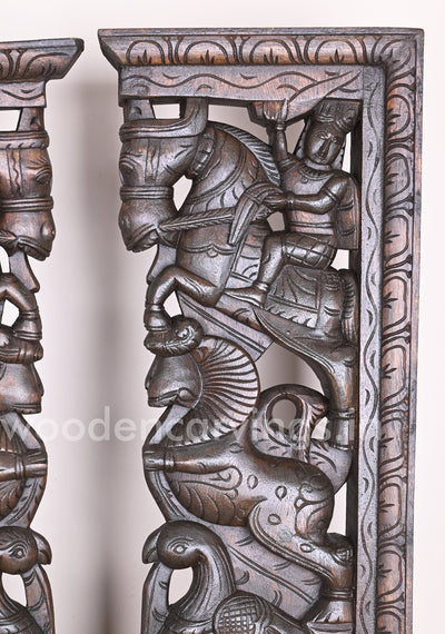 Handmade Beautiful Man Seated on Horse With Hamsa Bird and Wooden Yaazhi Paired Wall Mount 38"