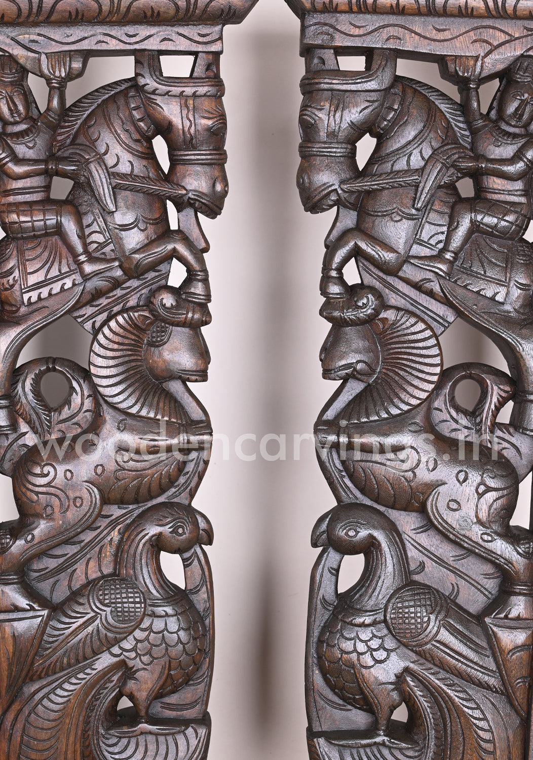 Handmade Beautiful Man Seated on Horse With Hamsa Bird and Wooden Yaazhi Paired Wall Mount 38"