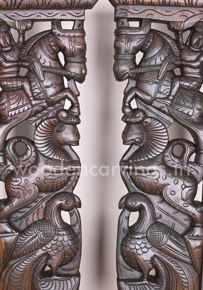 Handmade Beautiful Man Seated on Horse With Hamsa Bird and Wooden Yaazhi Paired Wall Mount 38"
