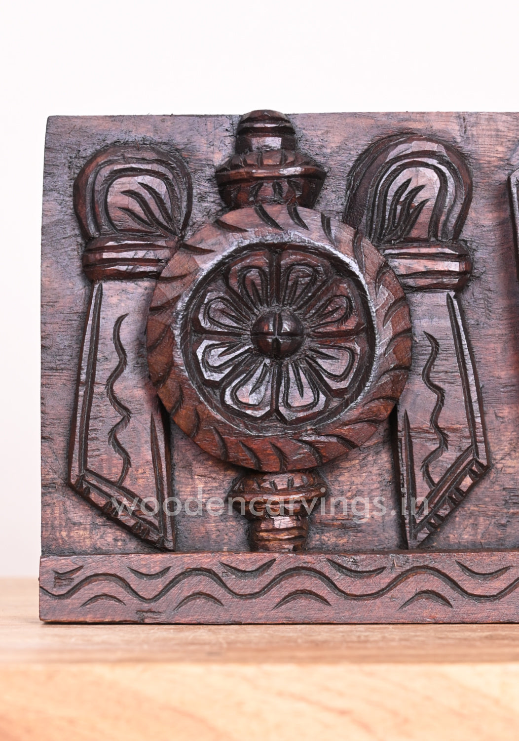 Bahavan Vishnu Powerful Ayuthas Chanku Nama Chakra Horizontal Wooden Light Weight Wall Panel 15"