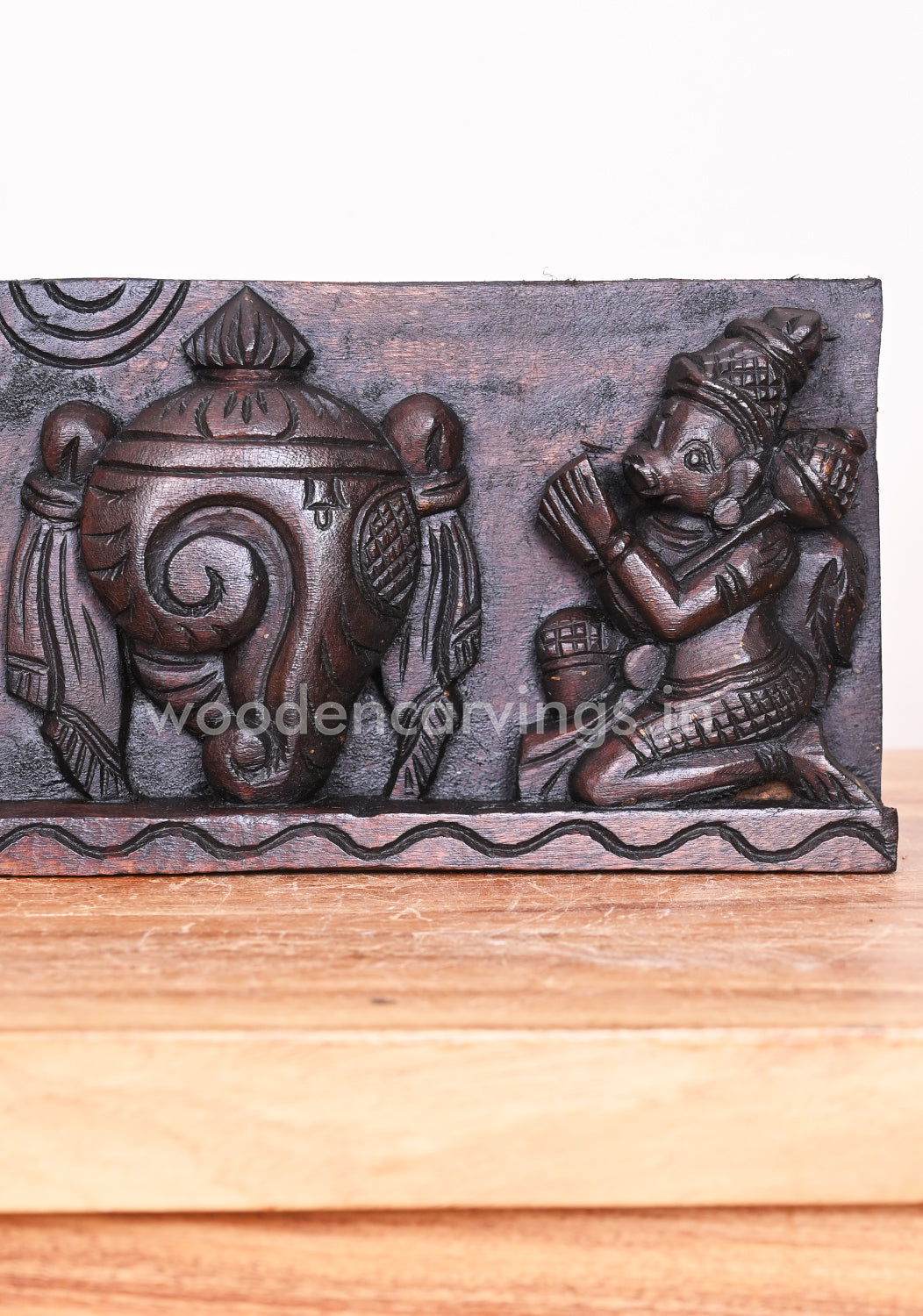 Lord Garuda with Lord Hanuman Horizontal Chanku Nama Chakra Wooden Wax Brown Wall Panel 20"