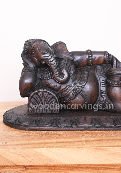 Reclining Maha Ganapathi on Pillow Ready to Decor For Your Pooja Room Wax Brown Wooden Wall Mount 16"