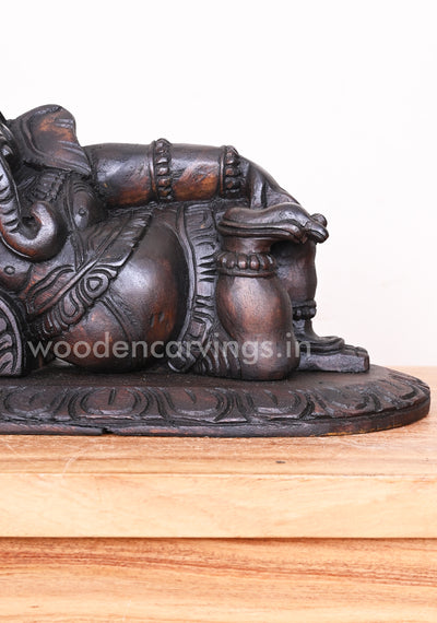 Reclining Maha Ganapathi on Pillow Ready to Decor For Your Pooja Room Wax Brown Wooden Wall Mount 16"