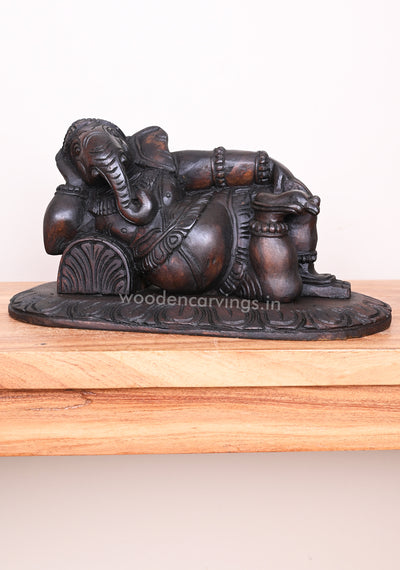 Reclining Maha Ganapathi on Pillow Ready to Decor For Your Pooja Room Wax Brown Wooden Wall Mount 16"