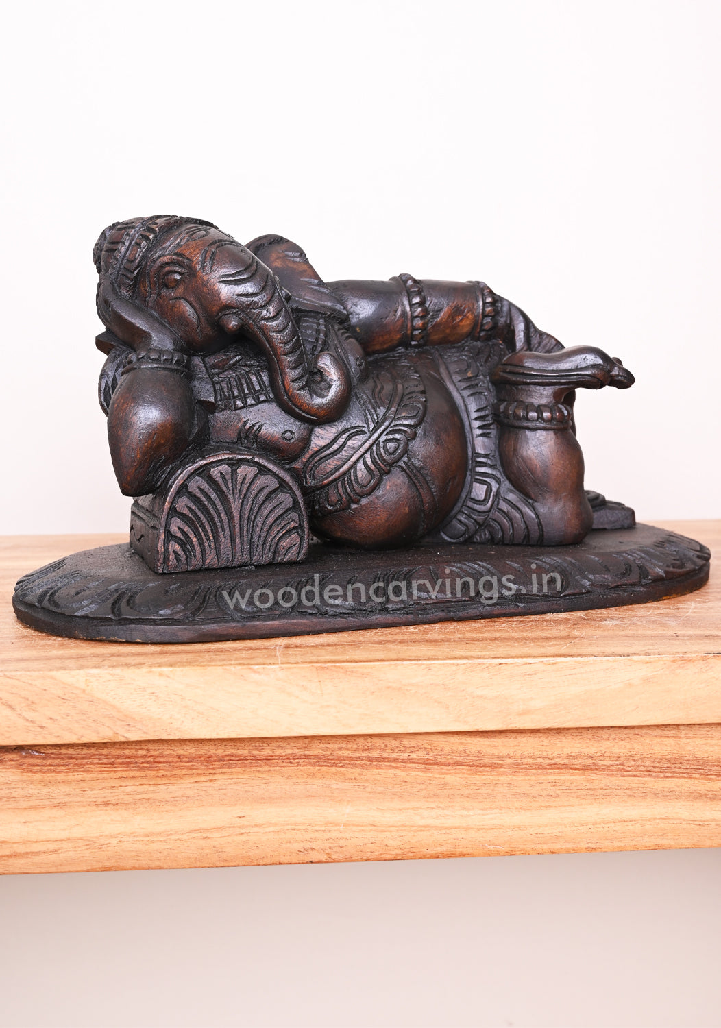 Reclining Maha Ganapathi on Pillow Ready to Decor For Your Pooja Room Wax Brown Wooden Wall Mount 16"