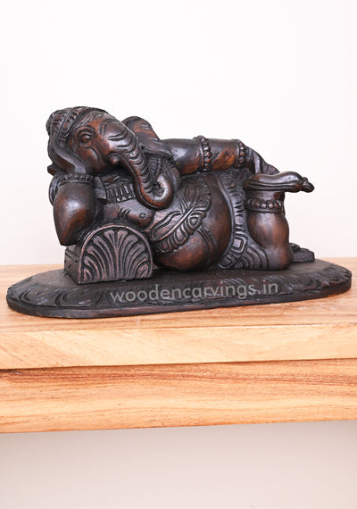 Reclining Maha Ganapathi on Pillow Ready to Decor For Your Pooja Room Wax Brown Wooden Wall Mount 16"