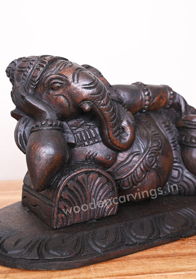 Reclining Maha Ganapathi on Pillow Ready to Decor For Your Pooja Room Wax Brown Wooden Wall Mount 16"