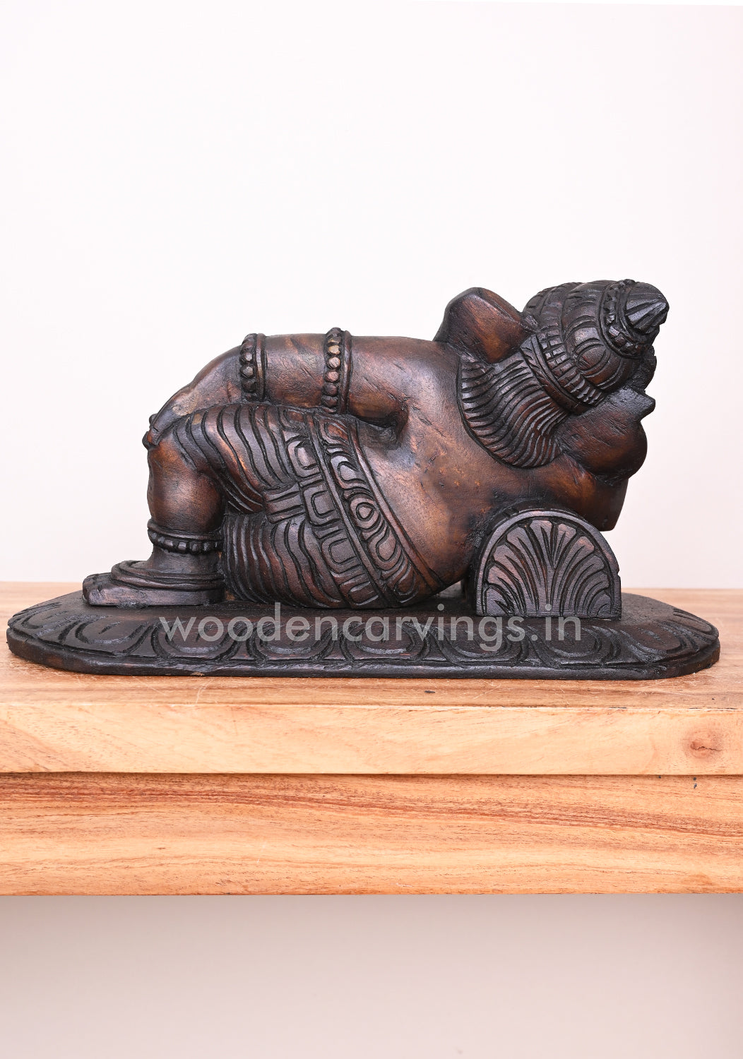 Reclining Maha Ganapathi on Pillow Ready to Decor For Your Pooja Room Wax Brown Wooden Wall Mount 16"
