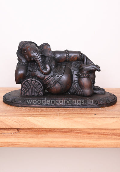 Reclining Maha Ganapathi on Pillow Ready to Decor For Your Pooja Room Wax Brown Wooden Wall Mount 16"