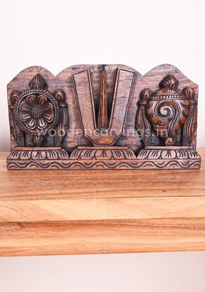 Vishnu Chanku Nama Chakra Home Decor Wax Brown Vaagai Wood Hooks Fixed Wall Panel 15"