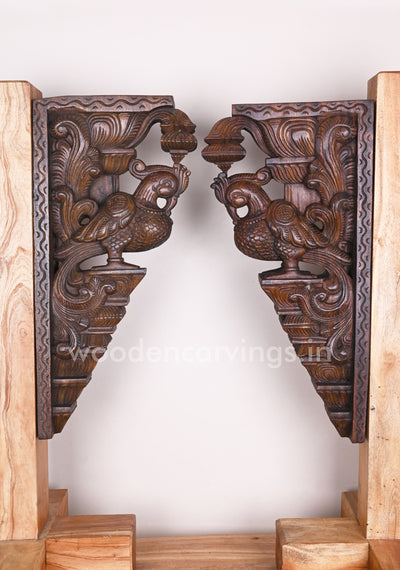 Pair of Birds Hamsa (Annapakshi) Wooden Wax Brown Finishing Home Decor Wall Brackets 24"