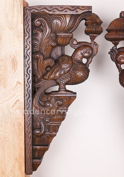 Pair of Birds Hamsa (Annapakshi) Wooden Wax Brown Finishing Home Decor Wall Brackets 24"