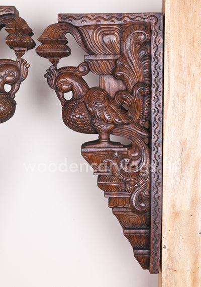 Pair of Birds Hamsa (Annapakshi) Wooden Wax Brown Finishing Home Decor Wall Brackets 24"