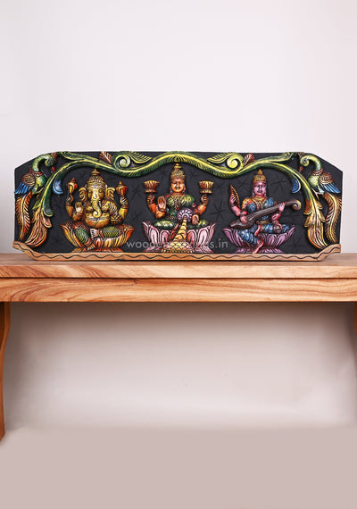 Mahalakshmi with Lord Ganesha and Goddess Saraswathi Hamsa Design Coloured Wall Panel 36"