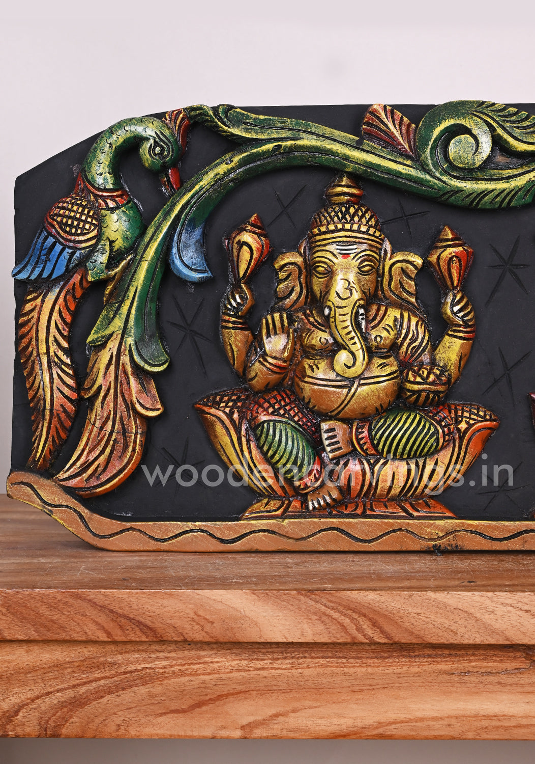 Mahalakshmi with Lord Ganesha and Goddess Saraswathi Hamsa Design Coloured Wall Panel 36"