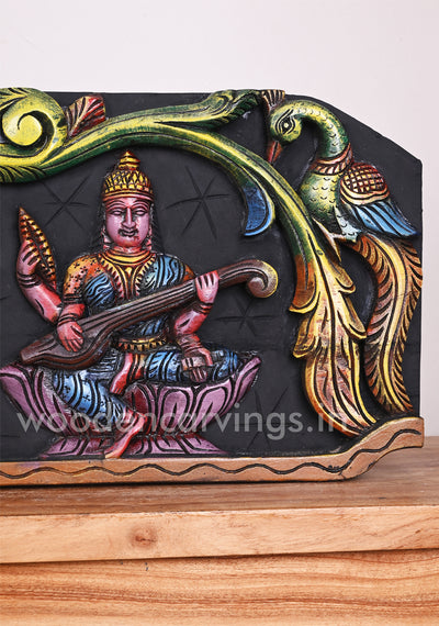 Mahalakshmi with Lord Ganesha and Goddess Saraswathi Hamsa Design Coloured Wall Panel 36"