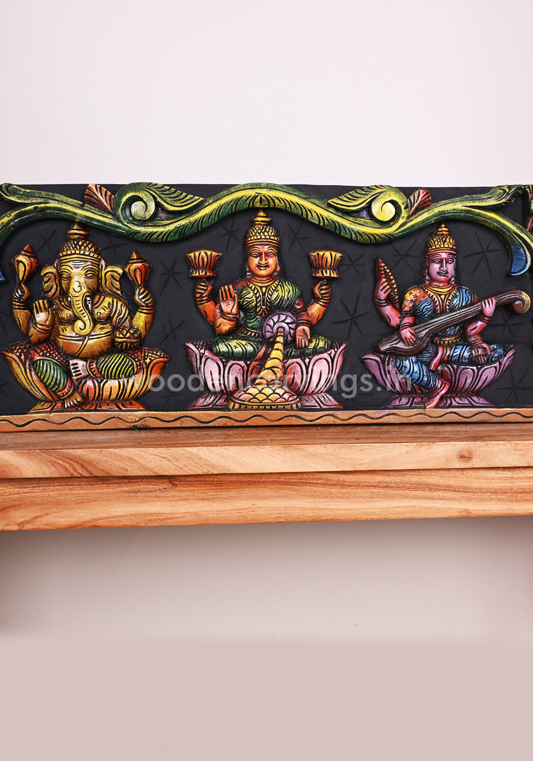 Mahalakshmi with Lord Ganesha and Goddess Saraswathi Hamsa Design Coloured Wall Panel 36"