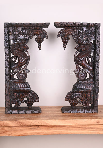Stunning Handmade Work of Paired Standing Ancient Animal Yaazhi Wooden Wall Brackets 24"