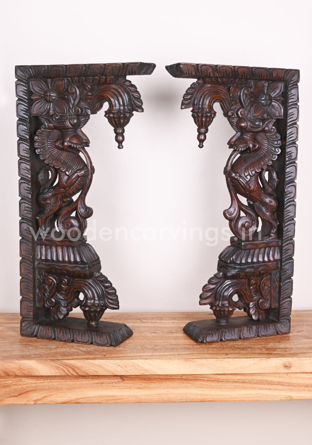 Stunning Handmade Work of Paired Standing Ancient Animal Yaazhi Wooden Wall Brackets 24"
