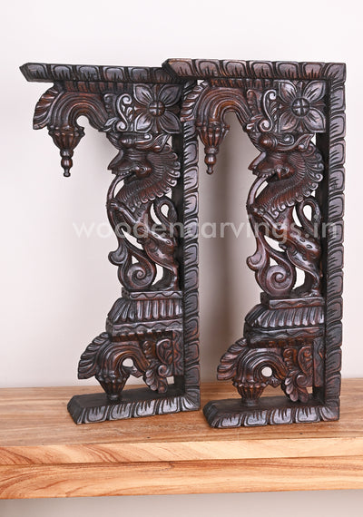Stunning Handmade Work of Paired Standing Ancient Animal Yaazhi Wooden Wall Brackets 24"