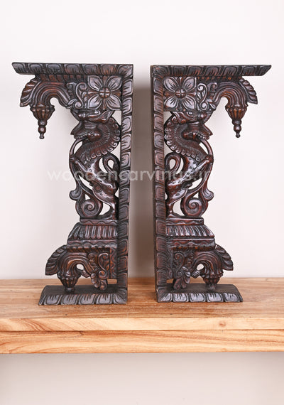 Stunning Handmade Work of Paired Standing Ancient Animal Yaazhi Wooden Wall Brackets 24"