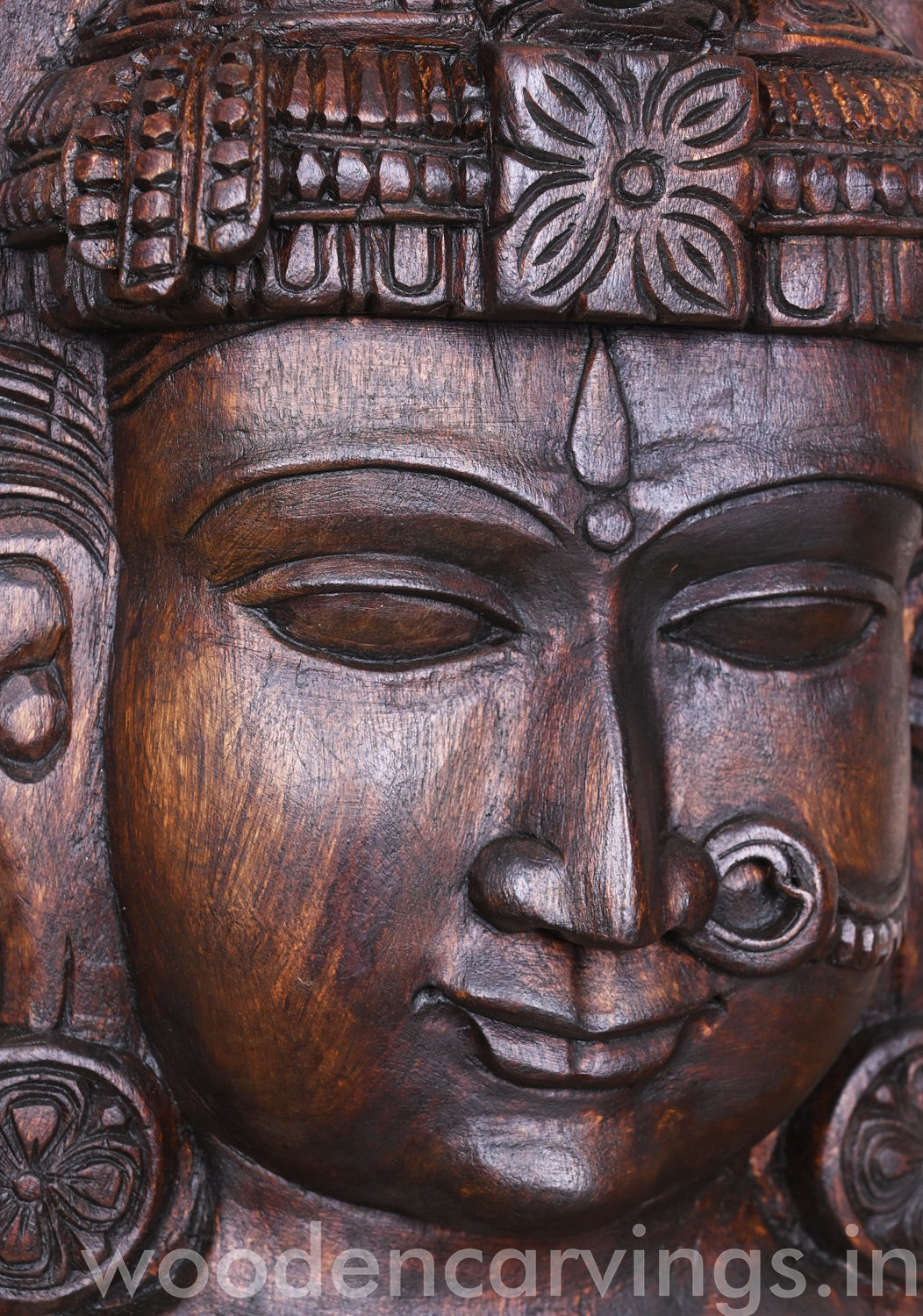 Goddess Amman Wooden Wax Brown Finishing Pooja Room Decor Decorative Mask 18"