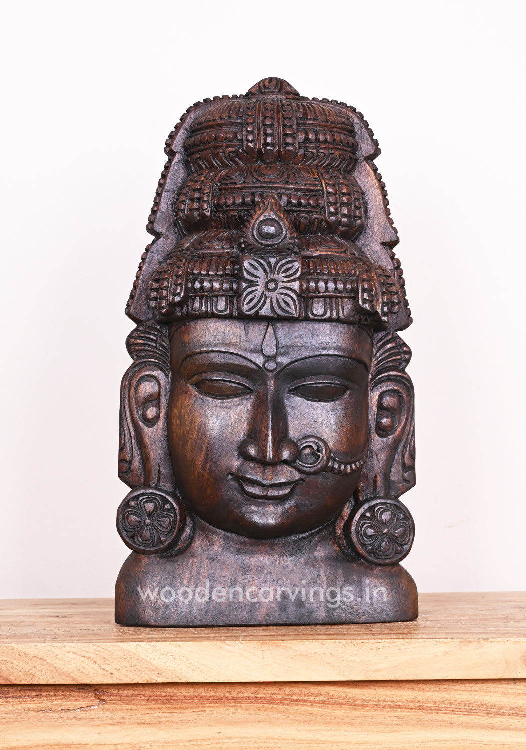 Goddess Amman Wooden Wax Brown Finishing Pooja Room Decor Decorative Mask 18"