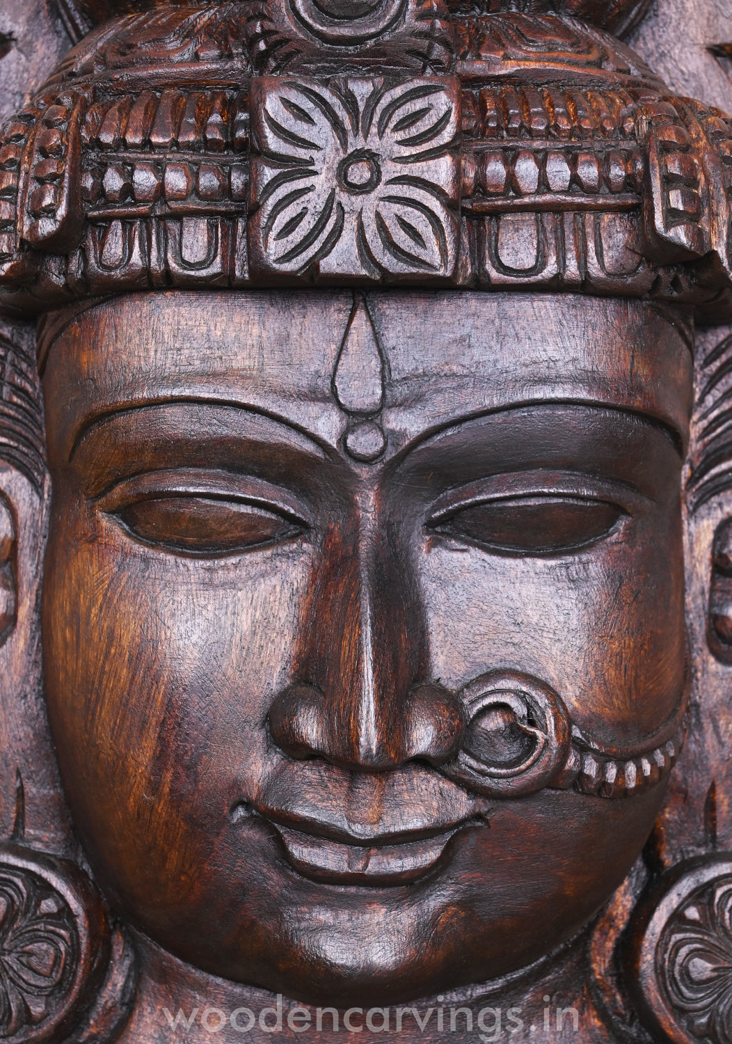 Goddess Amman Wooden Wax Brown Finishing Pooja Room Decor Decorative Mask 18"