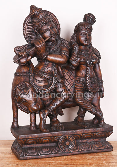 Showpiece Sculpture of Lord Krishna and His Consort Radha Standing With Cow and Playing Flute Deity 18"