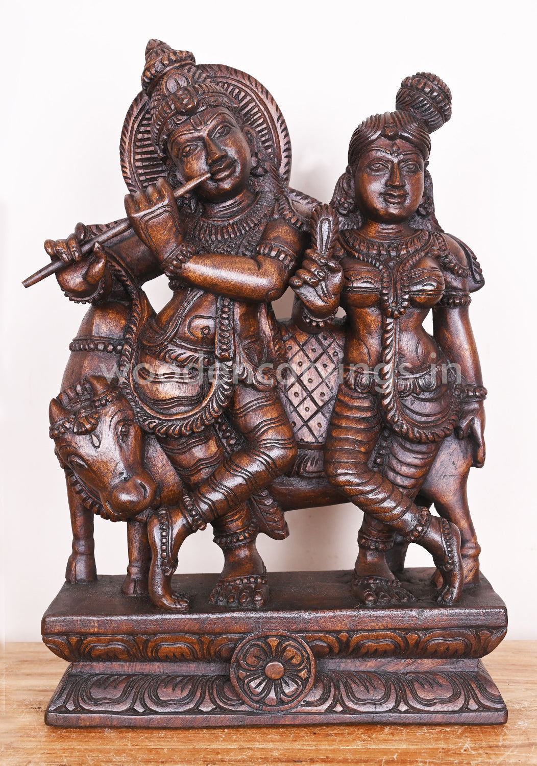 Showpiece Sculpture of Lord Krishna and His Consort Radha Standing With Cow and Playing Flute Deity 18"