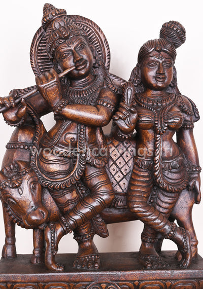 Showpiece Sculpture of Lord Krishna and His Consort Radha Standing With Cow and Playing Flute Deity 18"