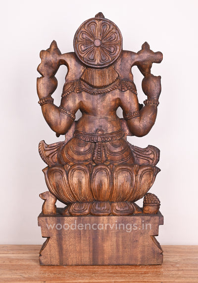 Special Wood Work Lord Ganesha Simply Seated on Lotus With His Mount Rat Wooden Sculpture 24"