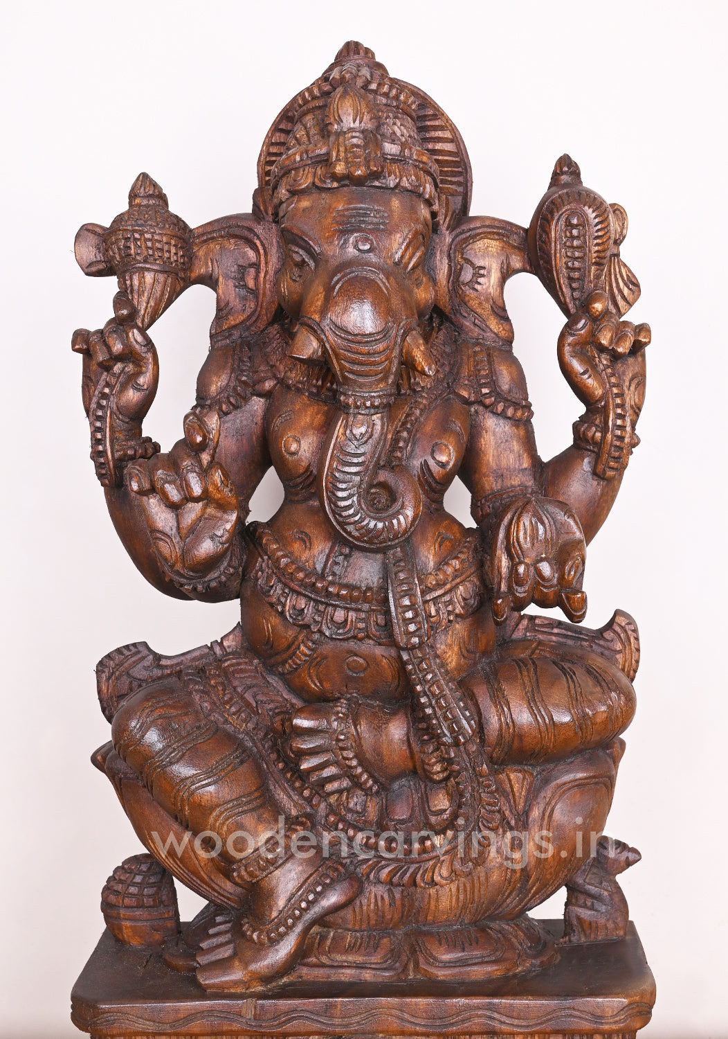 Special Wood Work Lord Ganesha Simply Seated on Lotus With His Mount Rat Wooden Sculpture 24"