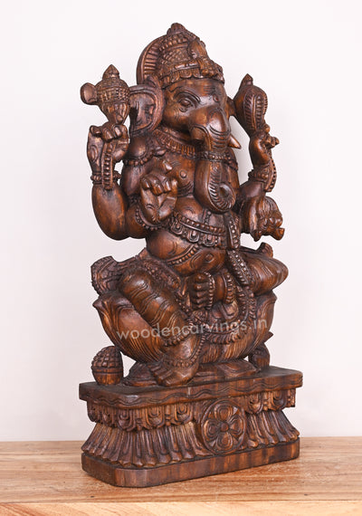 Special Wood Work Lord Ganesha Simply Seated on Lotus With His Mount Rat Wooden Sculpture 24"