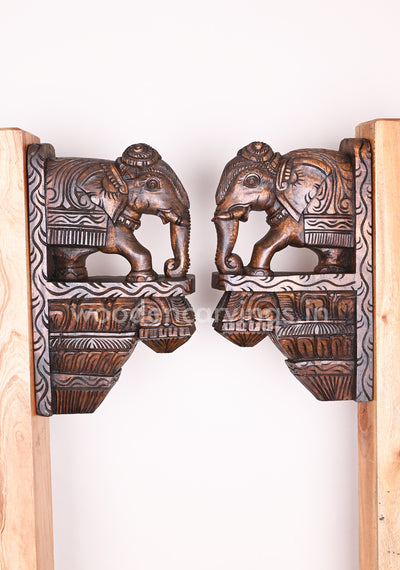 Shine and Classy Look Paired Light Weight Elephants Wall Decor Handmade Wooden Wall Brackets 15"