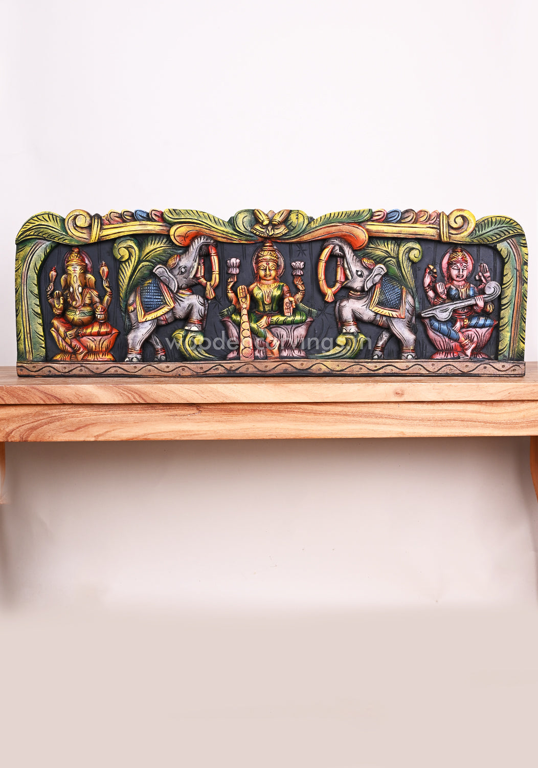 Goddess GajaLakshmi With Colourful Lord Ganesh and Goddess Saraswathi Horizontal Wooden Panel 37"