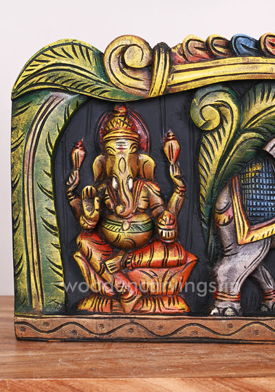 Goddess GajaLakshmi With Colourful Lord Ganesh and Goddess Saraswathi Horizontal Wooden Panel 37"