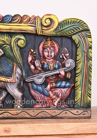 Goddess GajaLakshmi With Colourful Lord Ganesh and Goddess Saraswathi Horizontal Wooden Panel 37"