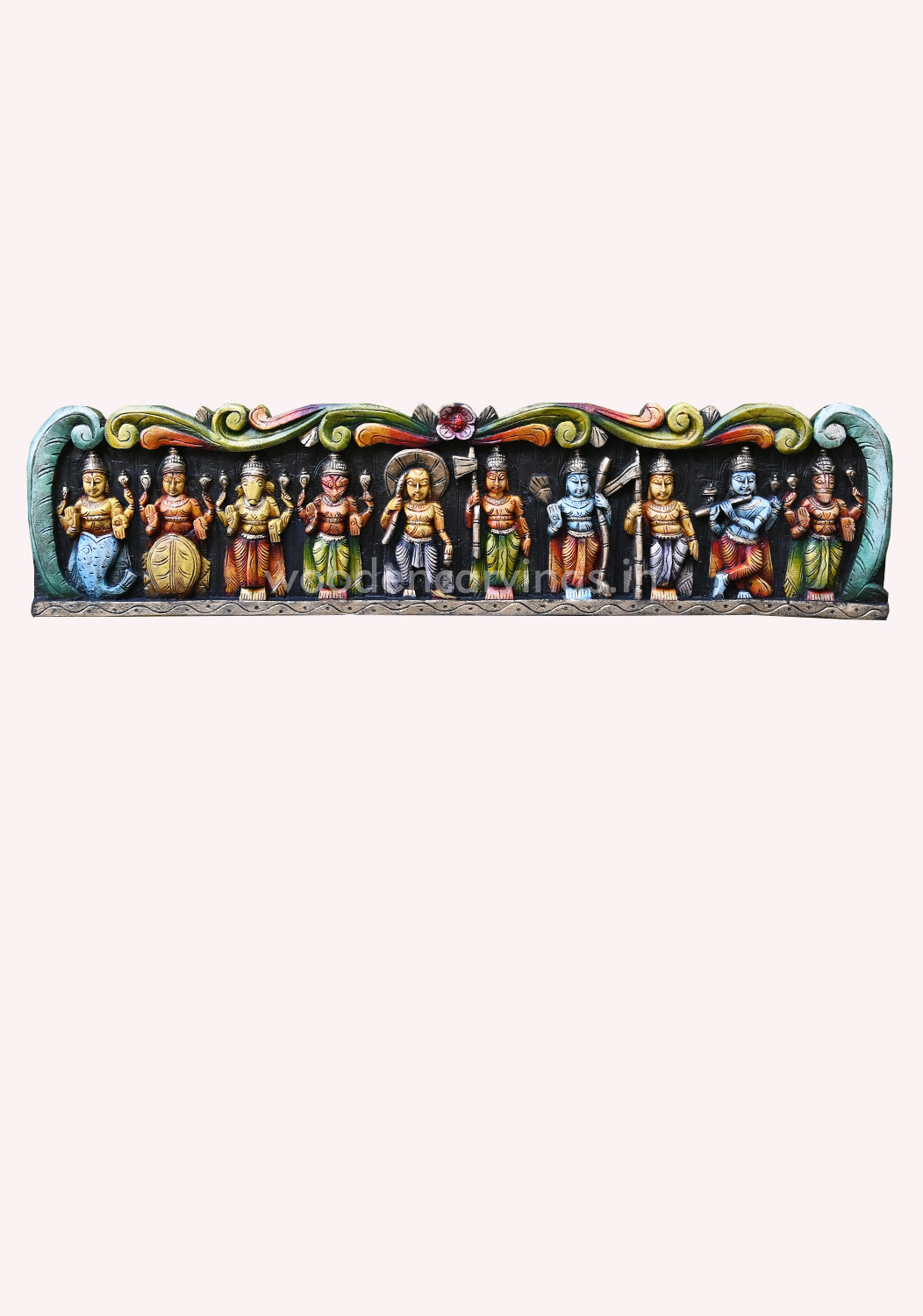Detaily Handmade Horizontal Wooden Multicoloured Maha Vishnu Horizontal Hooks Fixed Wall Panel 48"